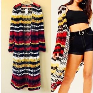 Forever 21 Multi Stripe Open Knit Maxi Cardigan S
